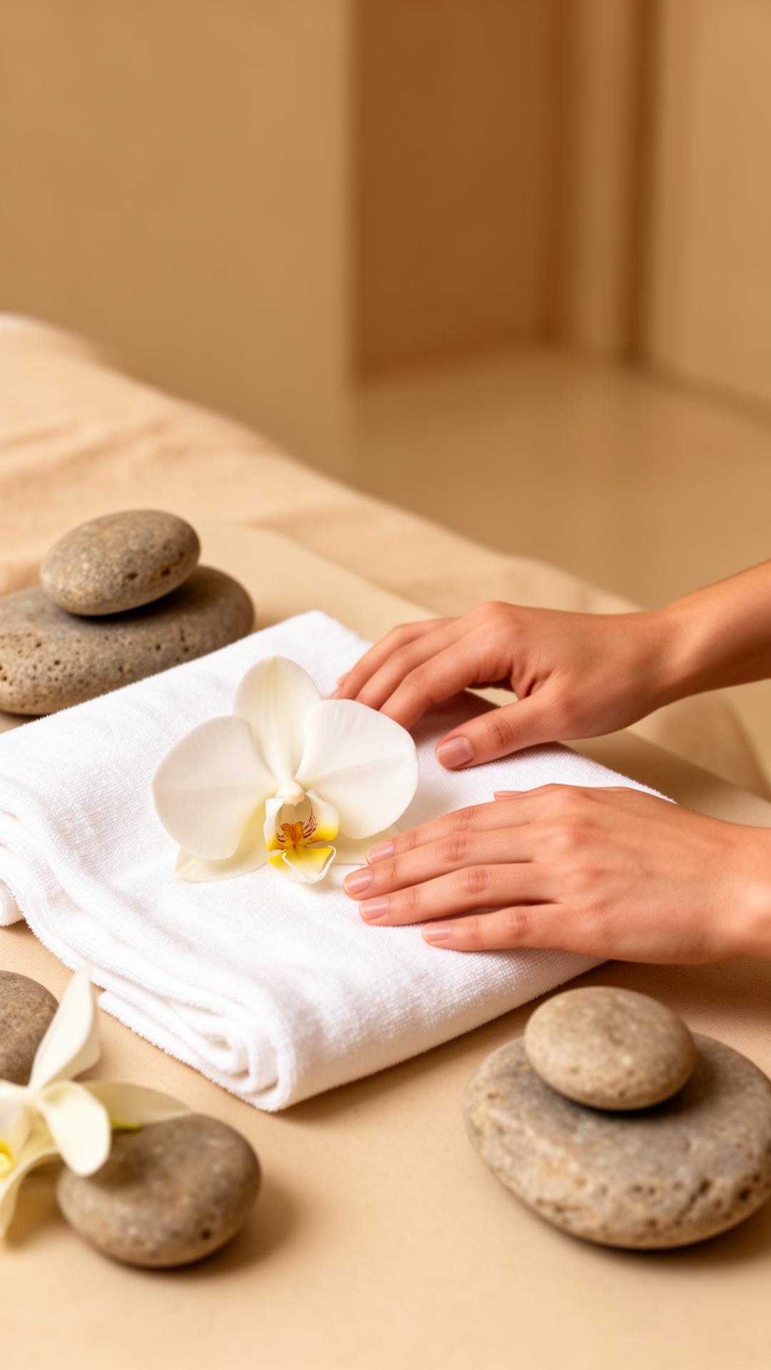 Hands resting on linen with orchids and smooth stones, evoking calm and balance