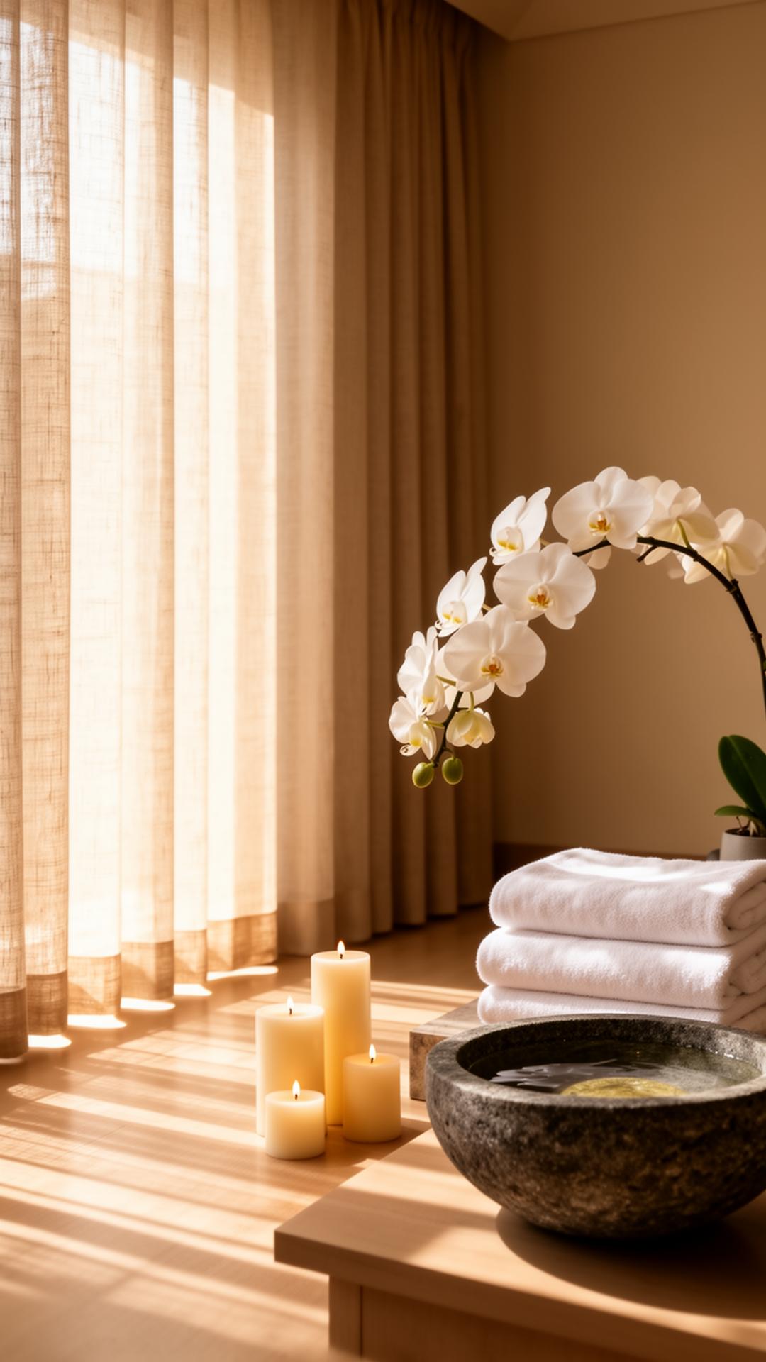 Calm ivory-lit room with linen curtains, candles, folded towels and orchids for an at-home Thai massage session